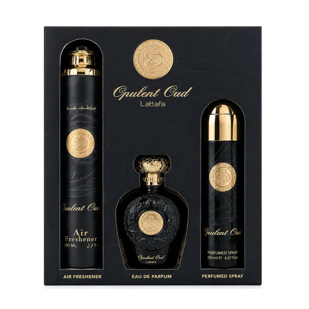 Set Cadou Lattafa Opulent Oud – Eau de Parfum 100 ml + Perfumed Spray 200 ml + Air Freshener 300 ml