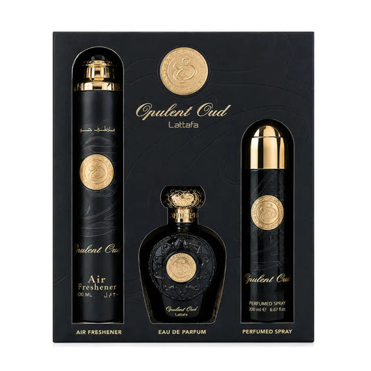 Set Cadou Lattafa Opulent Oud – Eau de Parfum 100 ml + Perfumed Spray 200 ml + Air Freshener 300 ml