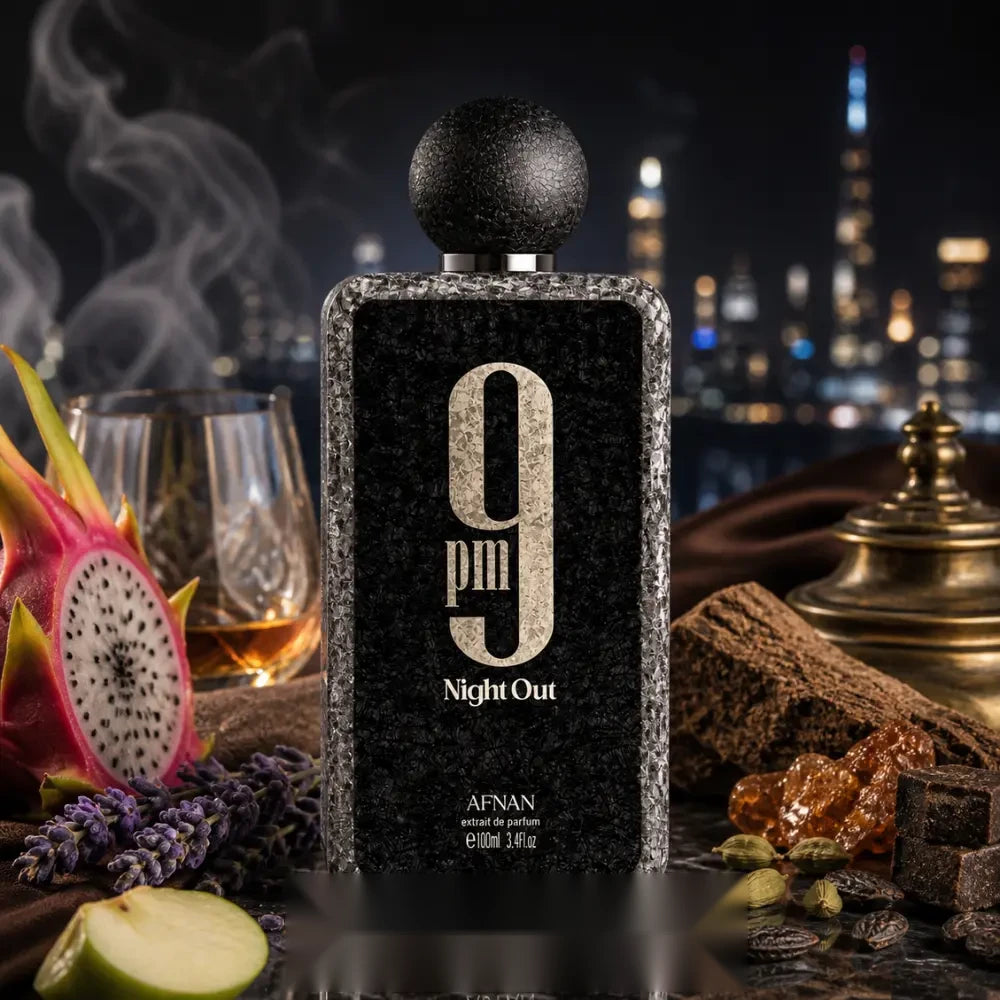 Afnan 9 PM Night Out parfum arabesc unisex, 100 ml, flaconul în ambianță