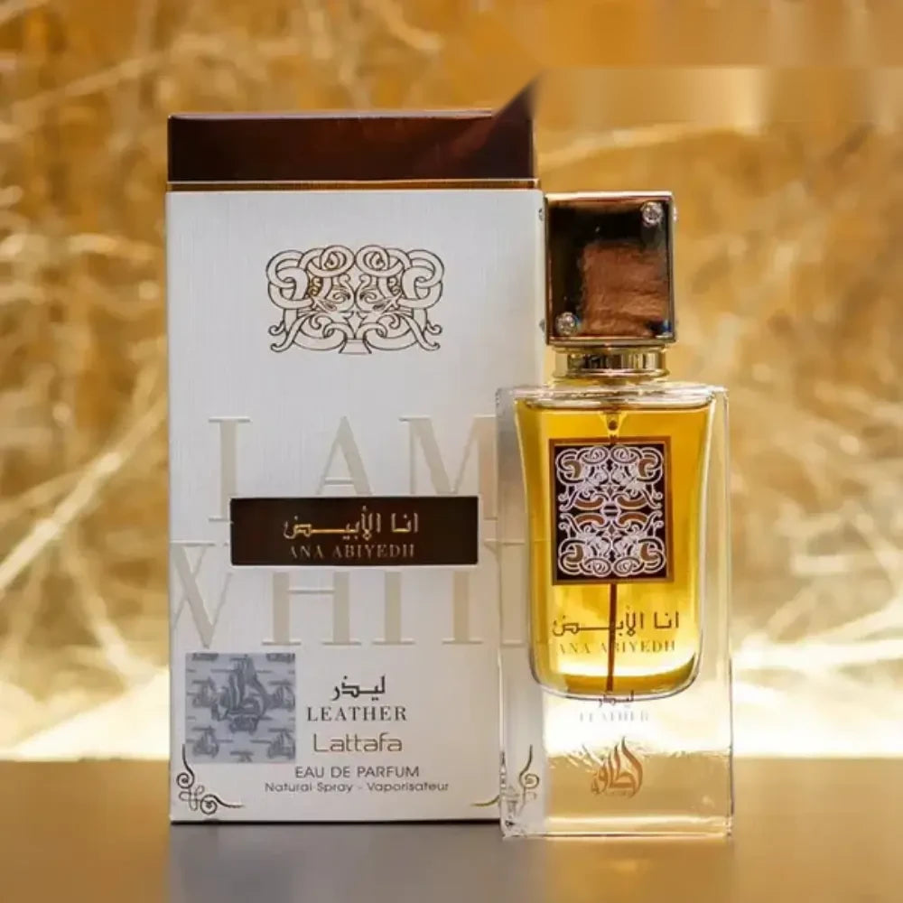 Lattafa Ana Abiyedh Leather parfum arabesc unisex, 60 ml, flaconul în ambianță
