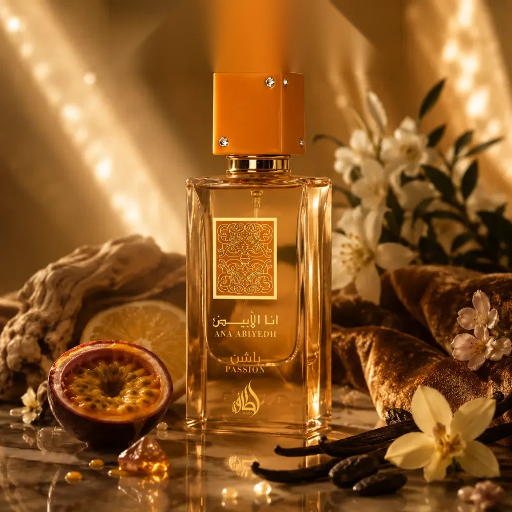 Lattafa Ana Abiyedh Passion parfum arabesc femei, 60 ml, flaconul în ambianță