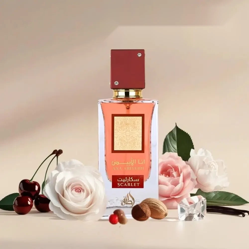 Lattafa Ana Abiyedh Scarlet parfum arabesc unisex, 60 ml, flaconul în ambianță
