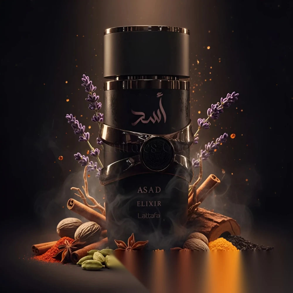Lattafa Asad Elixir parfum arabesc bărbați, 100 ml, flaconul în ambianță