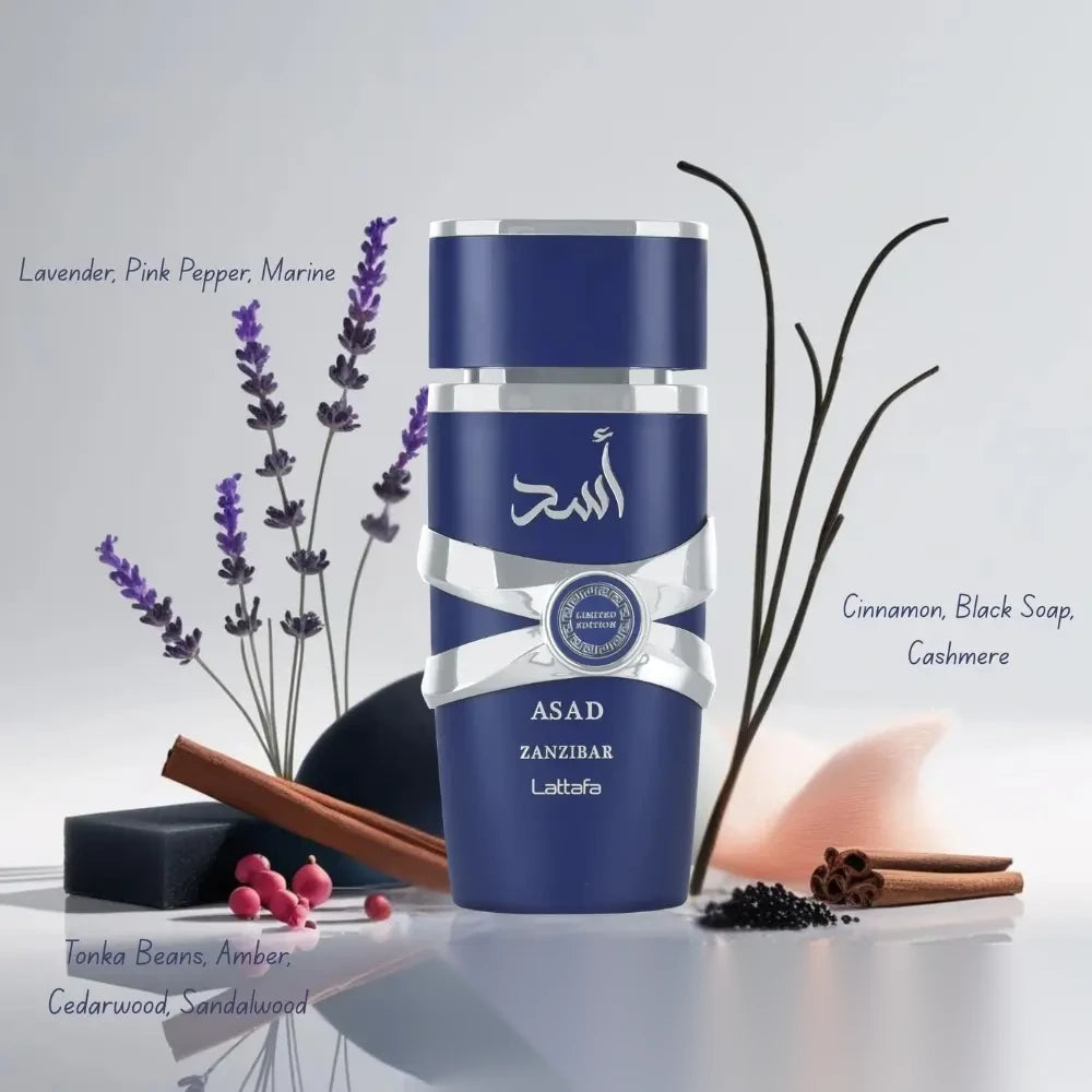 Lattafa Asad Zanzibar Limited Edition parfum arabesc bărbați, 100 ml, flaconul în ambianță
