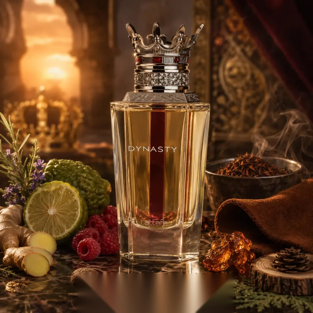 Lattafa Dynasty parfum arabesc unisex, 100 ml, flaconul în ambianță