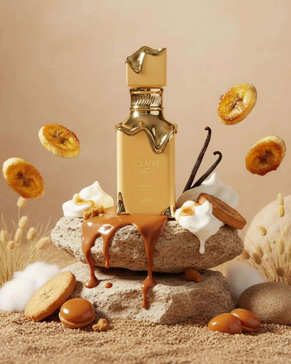 Lattafa Eclaire Banoffi parfum arabesc unisex, 100 ml, flaconul în ambianță