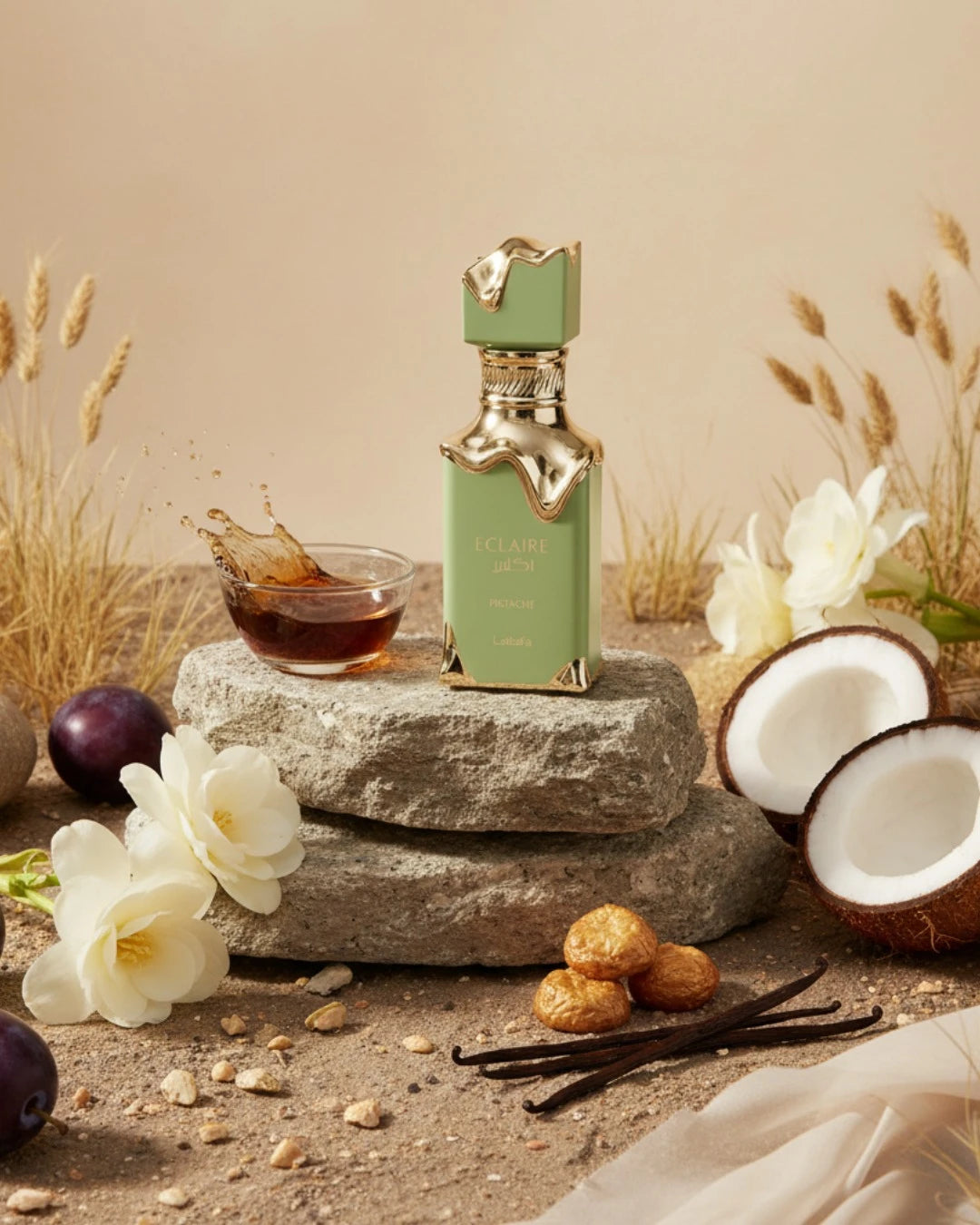 Lattafa Eclaire Pistache parfum arabesc unisex, 100 ml, flaconul în ambianță