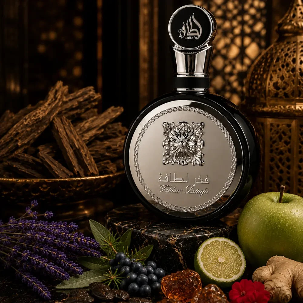 Lattafa Fakhar Man parfum arabesc bărbați, 100 ml, flaconul în ambianță