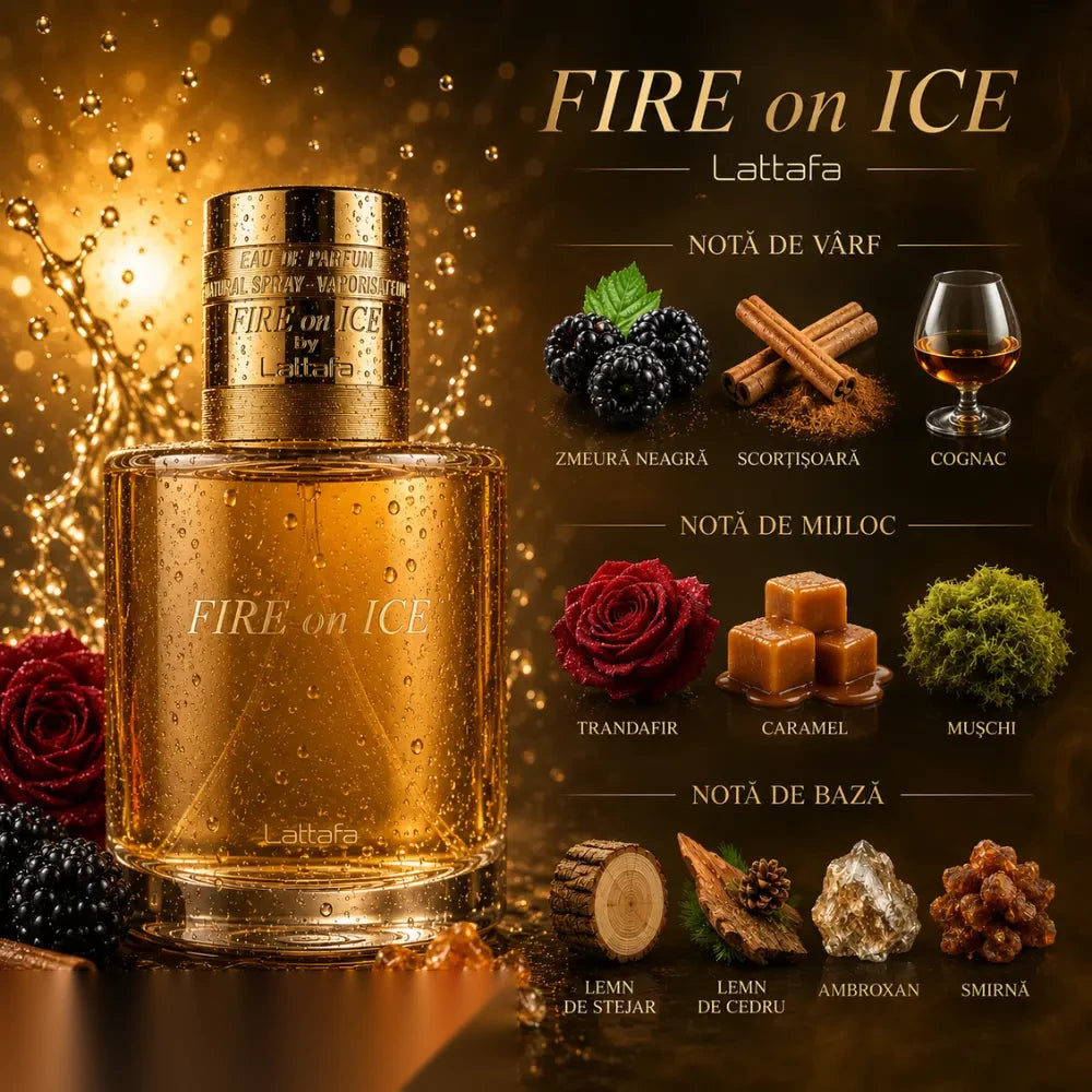 Lattafa Fire On Ice parfum arabesc unisex, 110 ml, flaconul în ambianță