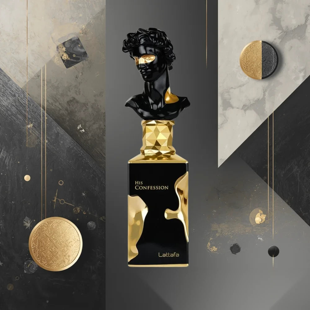 Lattafa His Confession parfum arabesc bărbați, 100 ml, flaconul în ambianță