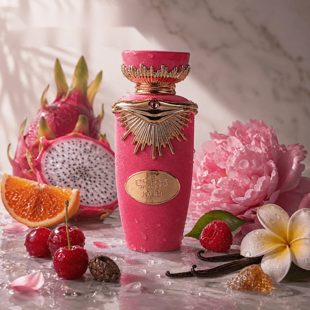 Lattafa Jouri parfum arabesc femei, 100 ml, flaconul în ambianță