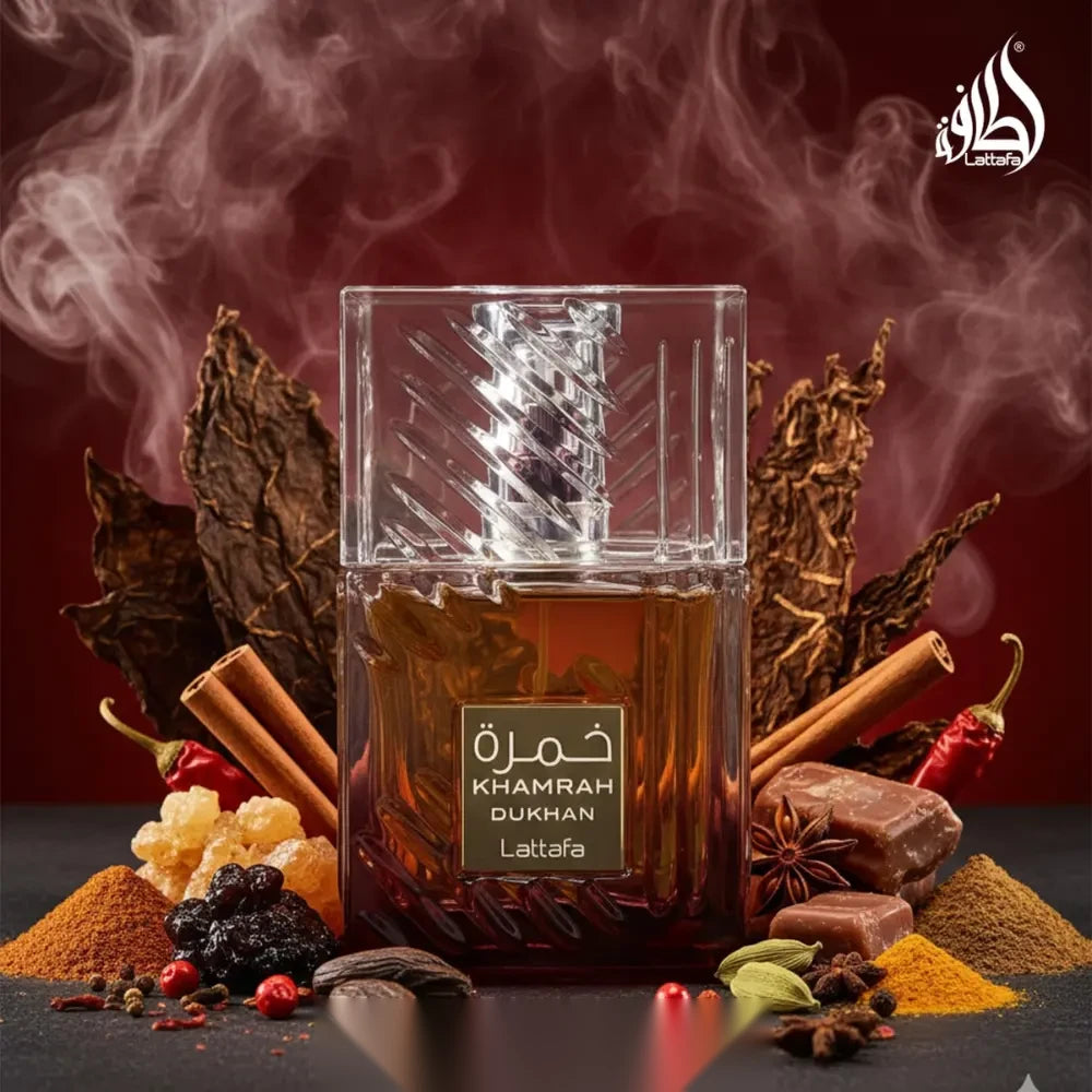 Lattafa Khamrah Dukhan parfum arabesc unisex, 100 ml, flaconul în ambianță