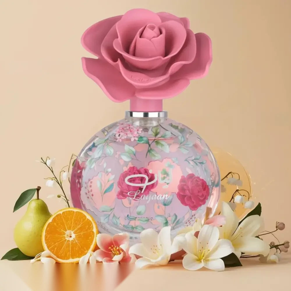 Lattafa Layaan parfum arabesc femei, 75 ml, flaconul în ambianță