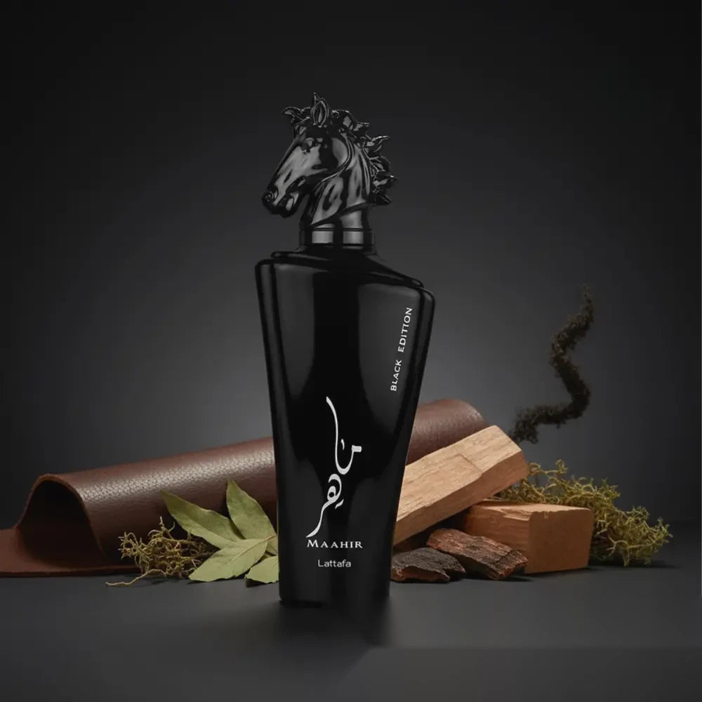 Lattafa Maahir Black Edition parfum arabesc bărbați, 100 ml, flaconul în ambianță