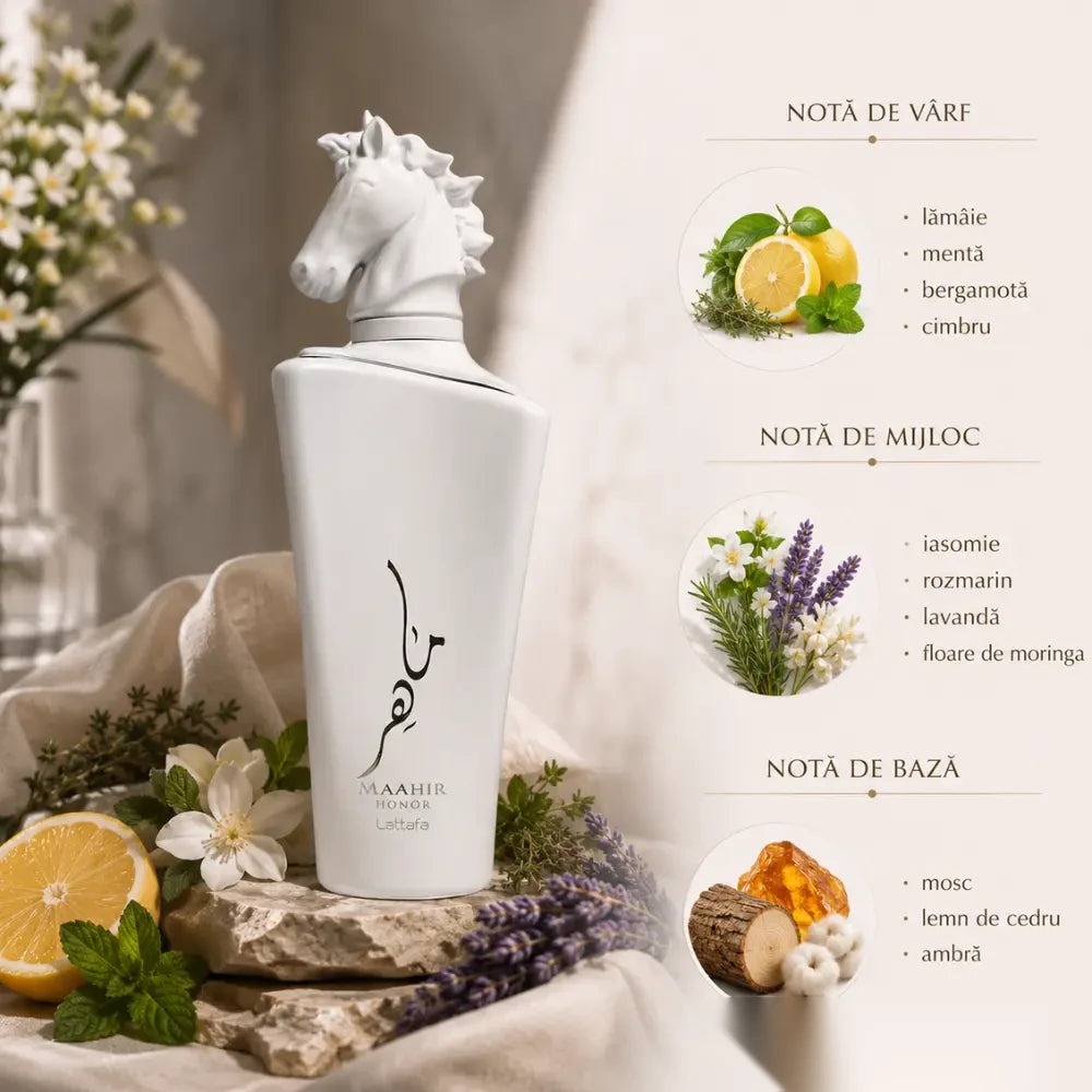 Lattafa Maahir Honor parfum arabesc unisex, 100 ml, flaconul în ambianță