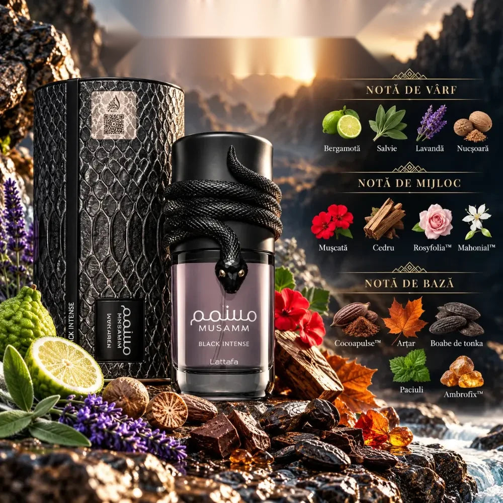 Lattafa Musamam Black Intense – Apă de Parfum Unisex, 100 ml, flaconul în ambianță