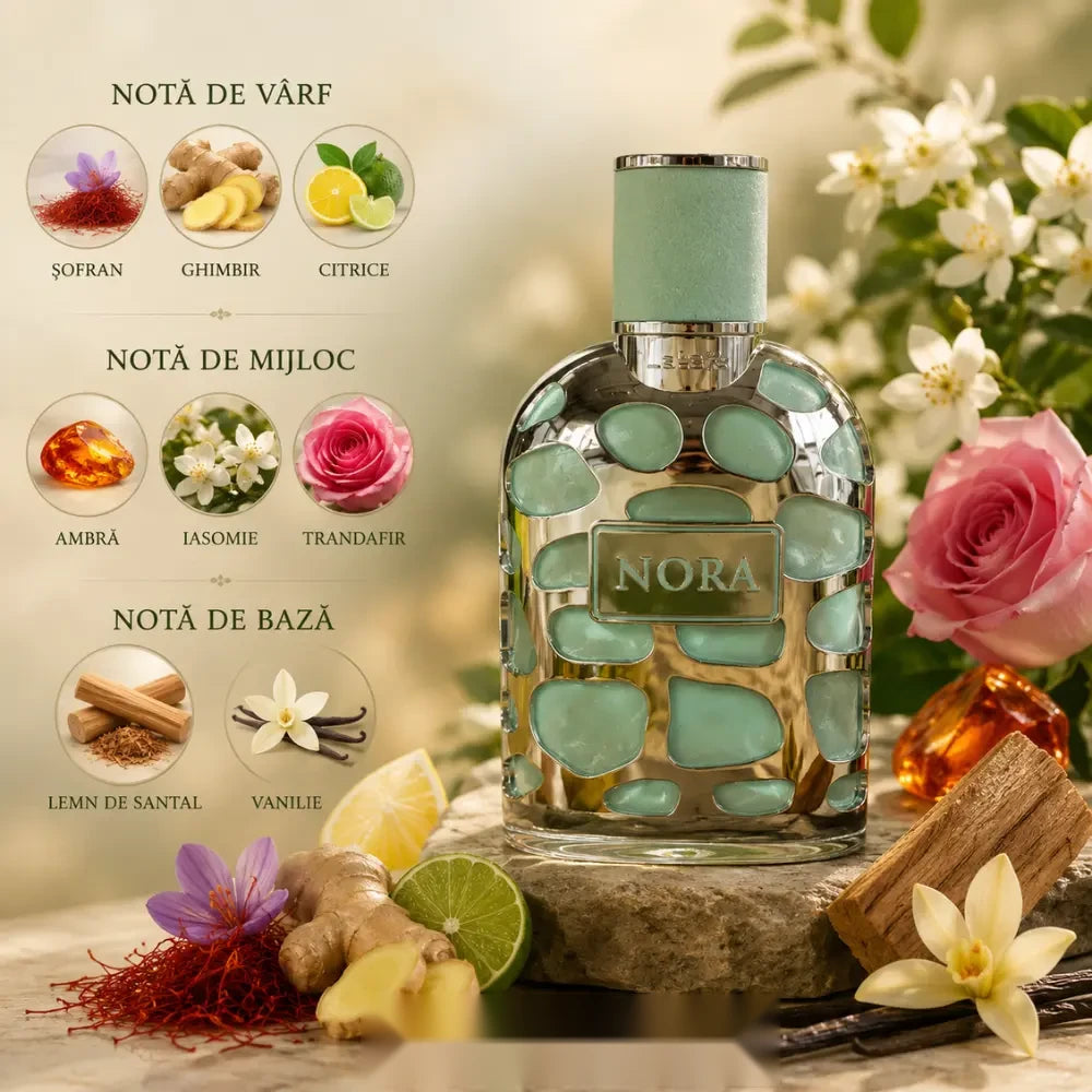 Lattafa Nora parfum arabesc femei, 100 ml, flaconul în ambianță