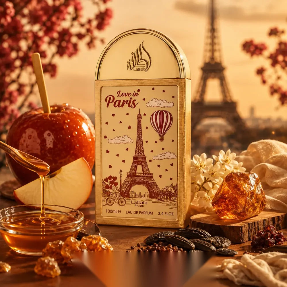 Lattafa Pride Love In Paris parfum arabesc unisex, 100 ml, flaconul în ambianță