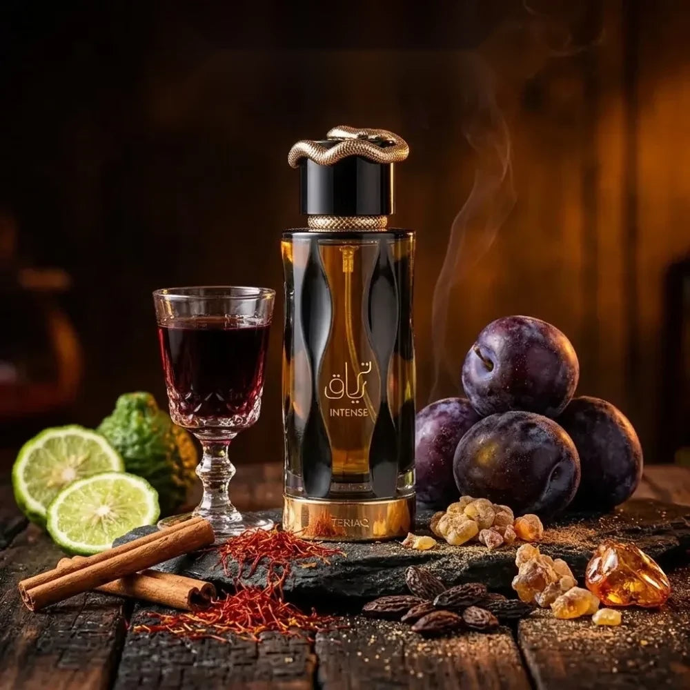 Lattafa Teriaq Intense parfum arabesc unisex, 100 ml, flaconul în ambianță