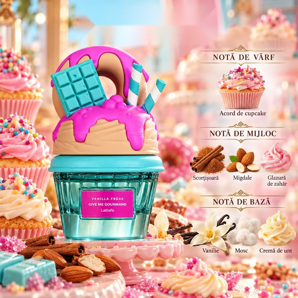 Lattafa Vanilla Freak parfum arabesc unisex, 75 ml, notele olfactive: cupcake, scorțișoară, migdale, vanilie, mosc