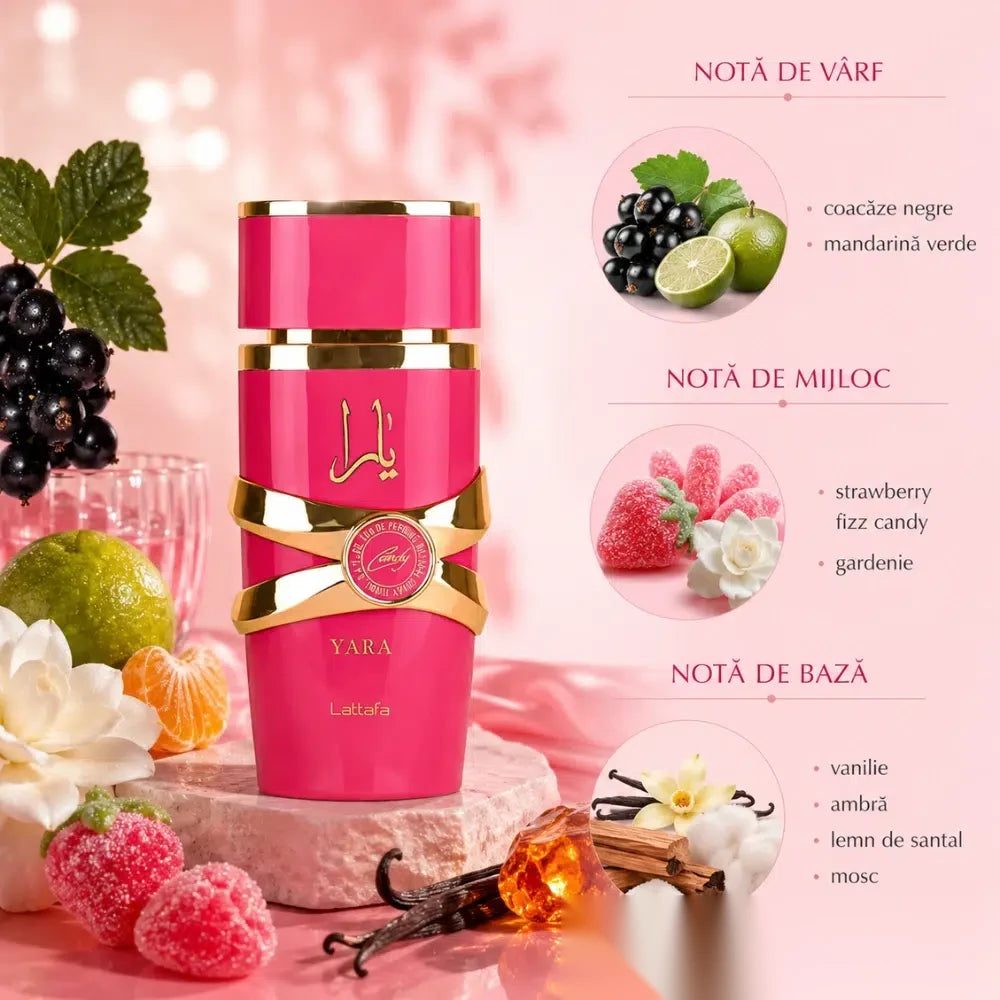 Lattafa Yara Candy parfum arabesc femei, 100 ml, flaconul în ambianță