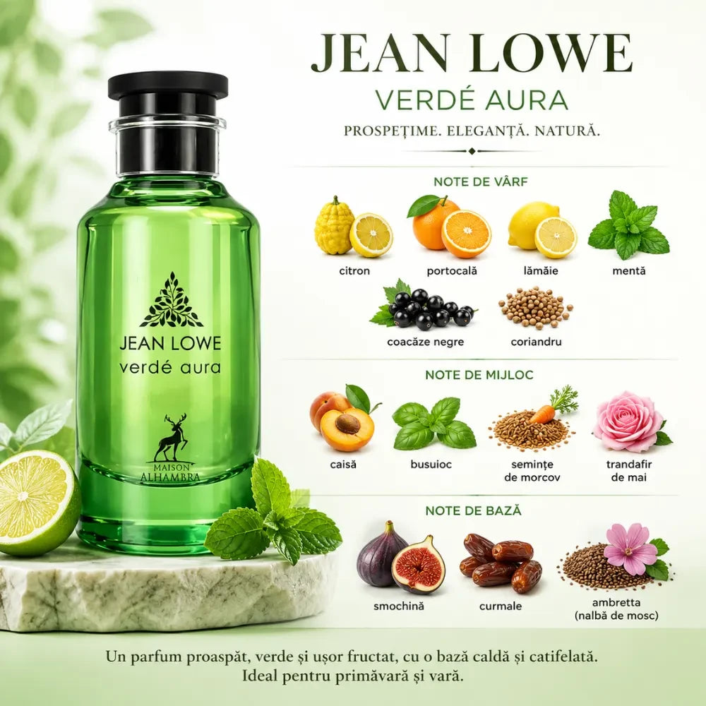Maison Alhambra Jean Lowe Verde Aura parfum arabesc unisex, 100 ml, flaconul în ambianță