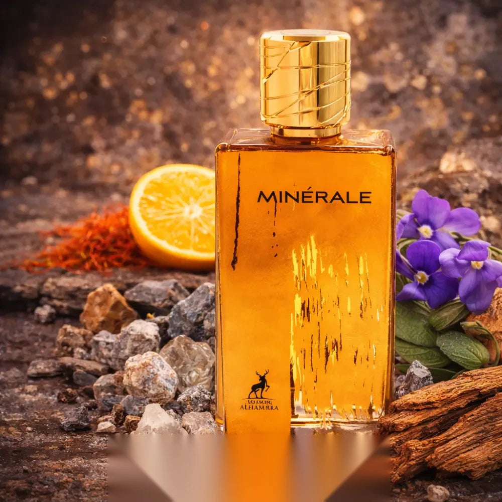 Maison Alhambra Minérale Gold parfum arabesc unisex, 100 ml, flaconul în ambianță