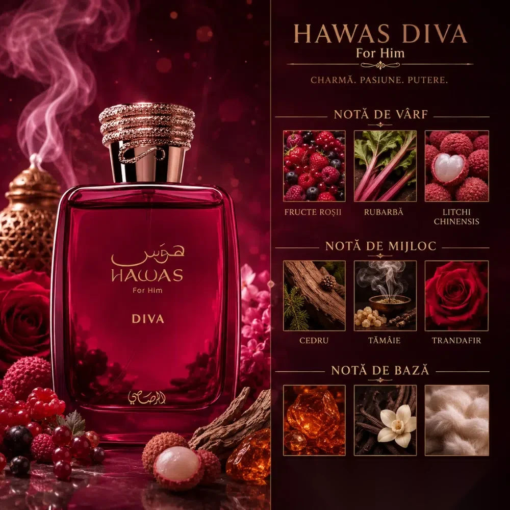 RASASI Hawas Diva parfum arabesc femei, 100 ml, flaconul în ambianță