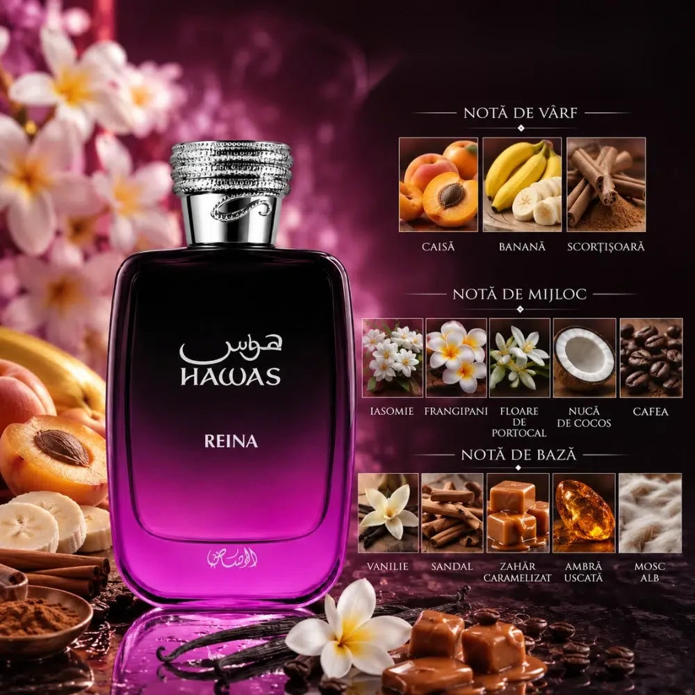 RASASI Hawas Reina parfum arabesc femei, 100 ml, flaconul în ambianță