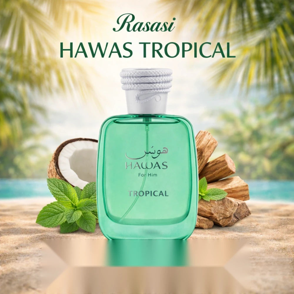 RASASI Hawas Tropical parfum arabesc bărbați, 100 ml, flaconul în ambianță