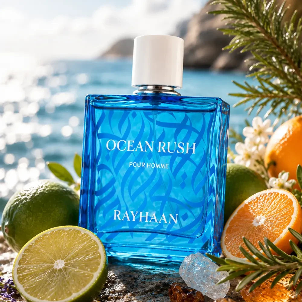 Rayhaan Ocean Rush parfum arabesc bărbați, 100 ml, flaconul în ambianță