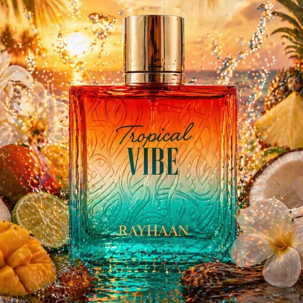 Rayhaan Tropical Vibes parfum arabesc unisex, 100 ml, flaconul în ambianță