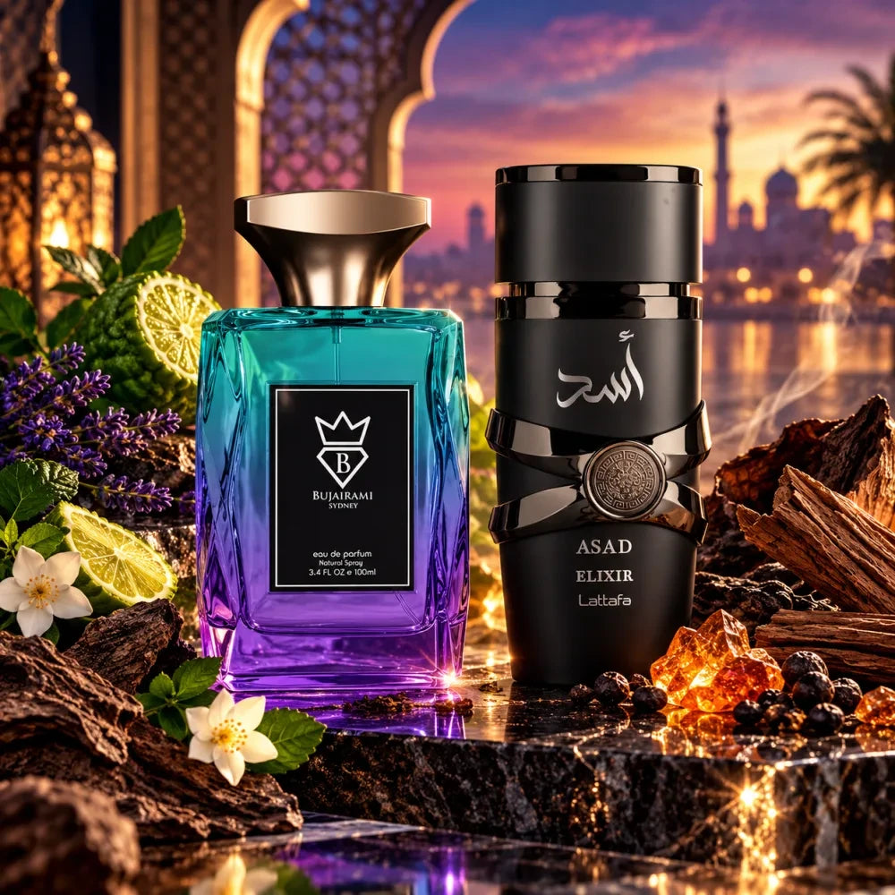 Set Bujairami Unforgettable și Lattafa Asad Elixir, 2 parfumuri arăbești bărbați, 2 x 100 ml