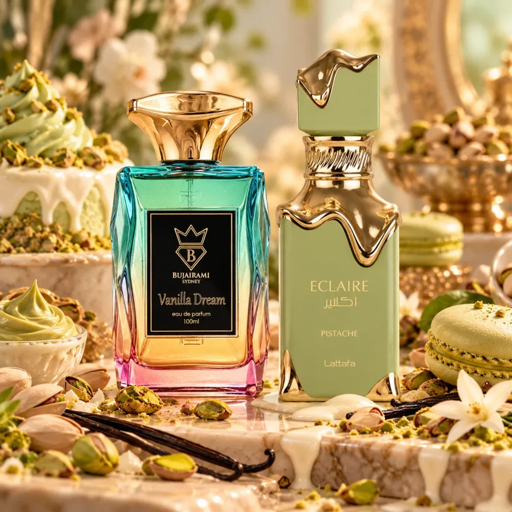 Set Bujairami Vanilla Dream și Lattafa Eclaire Pistache, 2 parfumuri arăbești, 2 x 100 ml